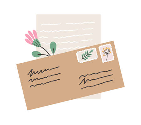 Doodle envelopes. Craft paper letters sealed or opened. Vector letters postmarks and postcardsのイラスト素材