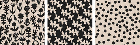 Abstract flowers leaves dotes seamless pattern. Infantile repeat prints. Vector decorative elegant...