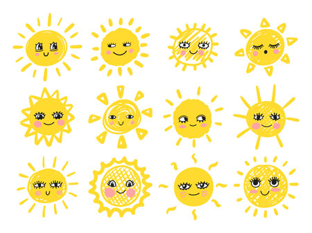 Funny cute sun set. Happy smiley sun characters. Vector hand drawn doodle sunny iconのイラスト素材