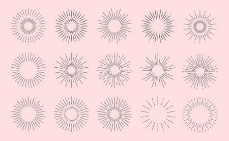 Sunburst beams logo. Sun burst doodle beam. Radial sunrise vector icon setのイラスト素材