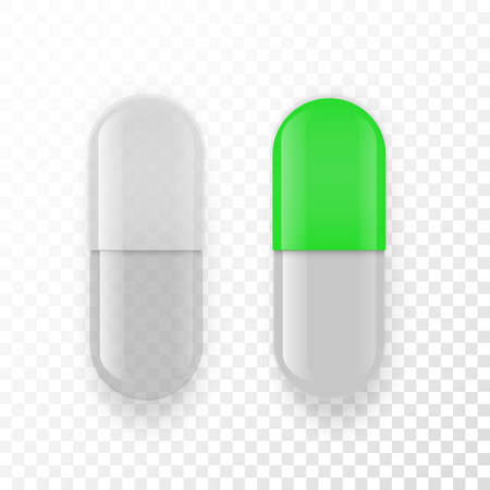 Empty capsule. Pill vitamin mockup. Vector realistic white pharmacology drugs.のイラスト素材