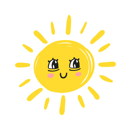 Funny cute sun. Happy smile sun character. Vector hand drawn doodle sunny iconのイラスト素材