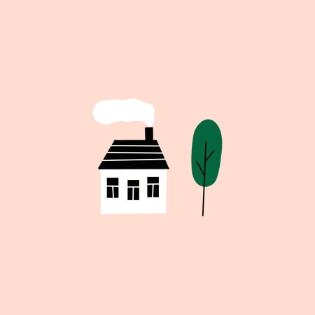 Doodle building. Cute small house and garden. Vector flat apartments.のイラスト素材