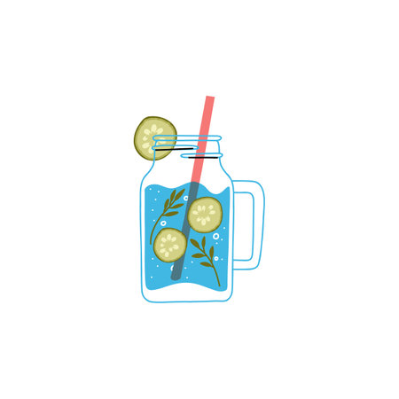 Cute water bottle glass decanter. Hand drawn funny detox concept. Doodle eco vector illustrationのイラスト素材