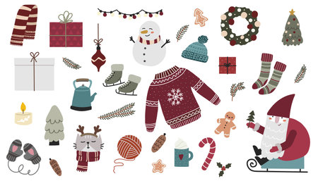 Christmas cozy set. Hand drawn noel stickers bundle. Vector xmas design elementsのイラスト素材