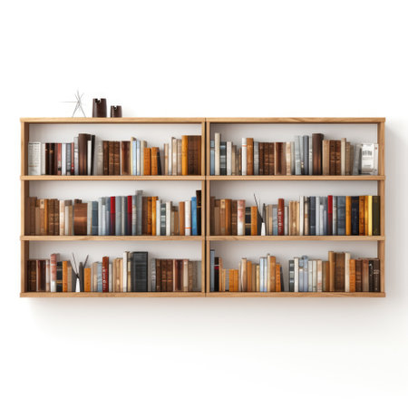 Bookshelf realistic illustration on white background. Bookshelves full of books both in the libraryの素材