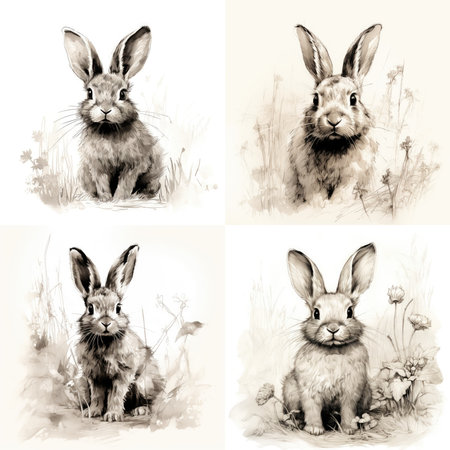 Bunny illustration gravure style. Easter concept on white background. For card or child book print.の素材