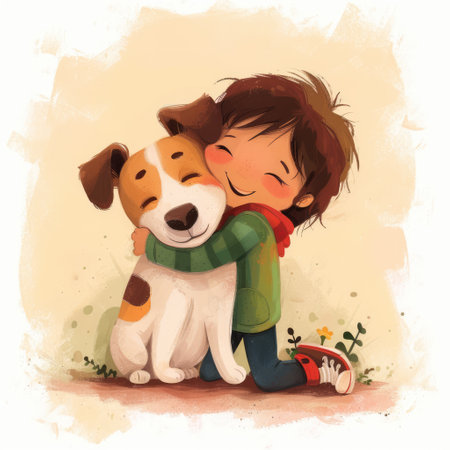 Happy cartoon boy character hugging dog. Illustration for card or child bookの素材
