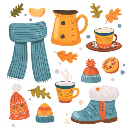 Cute illustration with autumn and winter cozy elements. Isolated on white background.の素材