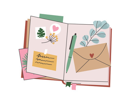 Open notebook. Hand drawn personal diary vector illustration. Note book flat cartoon concept.のイラスト素材