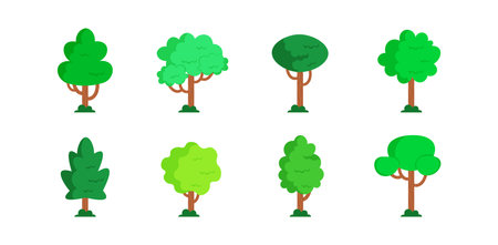 Cartoon trees. Green tree vector illustration. Doodle wood plant setのイラスト素材