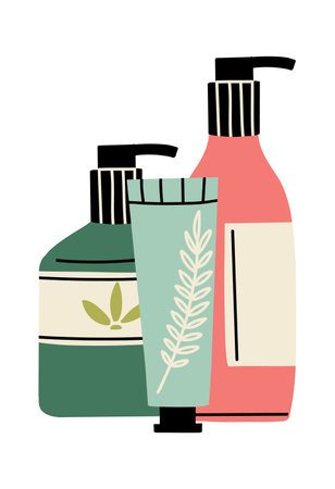 Beauty skincare product. Makeup cosmetic. Cleanser lotion lipstick jar. Vector skin care illustrationのイラスト素材