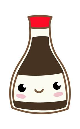 Cute cartoon bottle of soy sauce icon. Funny vector soy container. Kawaii ingredient for traditional asian food.のイラスト素材