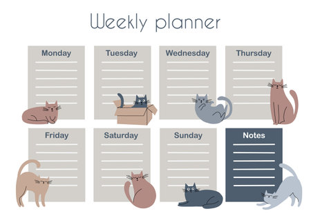 Cute cat-themed weekly planner. Vector schedule organizer cozy style for school or homeのイラスト素材