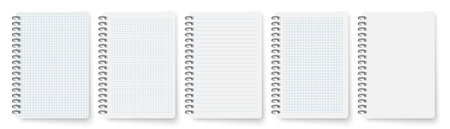 Spiral opened notebook template. Blank copybook with metallic spiral. Mock up of organizer or diary realistic vector setのイラスト素材