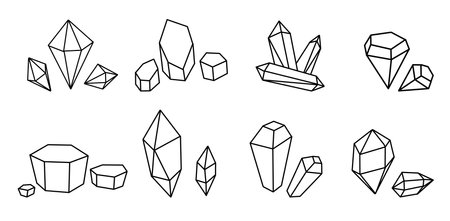 Set of geometric crystal shapes, minimalist outline design for logos, backgrounds, branding, and modern decor. Vector illustration in flat styleのイラスト素材