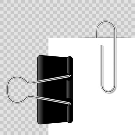 Realistic black binder paperclips. Paper clip. Black realistic binder, paper holder. Vector isolated graphic drawing steel stationeryのイラスト素材