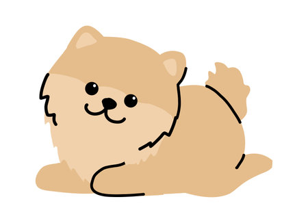 Cute cartoon pomeranian spitz. Spitz dog with a fluffy tail smiles.のイラスト素材