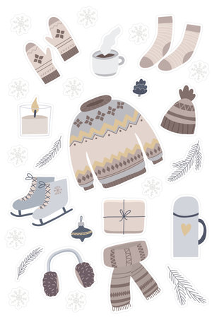 Cozy Winter Stickers Set with Nordic Sweater, Mittens, Hot Drink, and Seasonal Elements for Scrapbooking and Crafts. Vector illustrationのイラスト素材