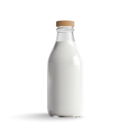 Realistic Glass Milk Bottle with Wooden Cap Perfect for Dairy Branding, Packaging Design, and Advertising Mockupsのイラスト素材