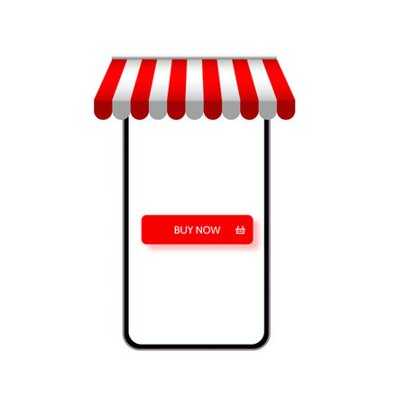 Mobile shop concept with striped red store awning and Buy Now button on smartphone screen. Vector illustration for online shopping and ecommerce marketingのイラスト素材