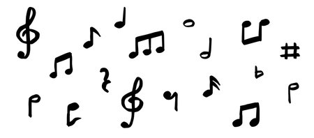 Hand drawn doodle music notes set in black, isolated on white background. Vector illustrations perfect for creative designs, songbooks, posters, and artistic projects.のイラスト素材