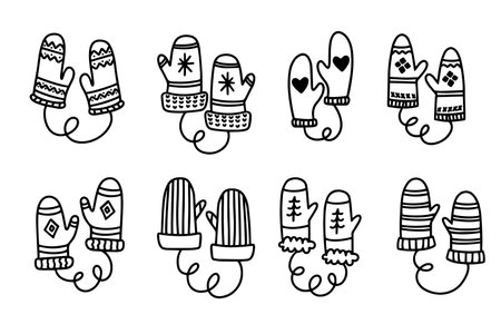 Cute hand drawn doodle mittens illustration in black on white background. Perfect for winter design, holiday cards, stickers, kids projects, and cozy decorations.のイラスト素材