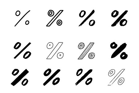 Hand drawn doodle percentage icons in black and white outline style, isolated on white background. Perfect for math design, business infographics, presentations, and creative projects.のイラスト素材