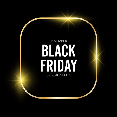 Black Friday sale banner with glowing gold frame on black background. Modern and stylish design perfect for online promotions, marketing campaigns, and limited-time offers.のイラスト素材