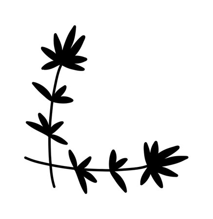 Simple hand-drawn floral corner element, black vector doodle with leaves and buds, perfect for decorative design accents.のイラスト素材