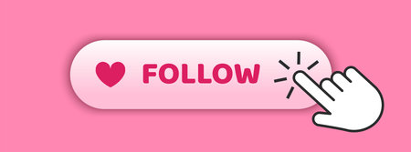 Social media follow button with heart icon and hand pointer, including mobile app interface and...