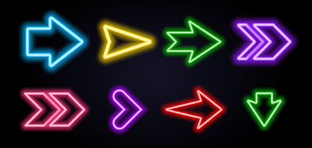 Colorful neon glowing arrow icons on black background, designed in vector style for web navigation, digital interfaces, modern technology projects, and creative graphic design elements.のイラスト素材