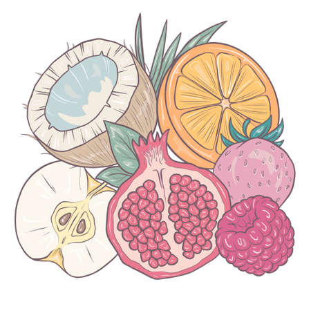 juicy fruits: coconut, orange, apple, strawberry, raspberry, pomegranateの写真素材