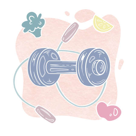 sports equipment for doing sports at home, a jump rope and a dumbbell surrounded by healthy foodの写真素材