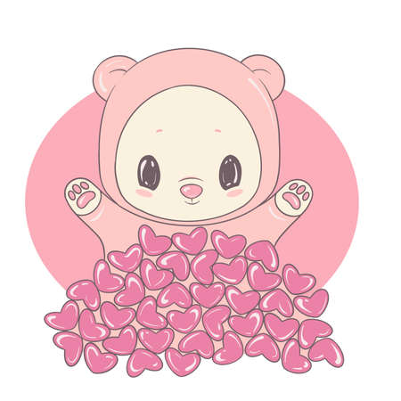 illustration of cartoon character and many hearts on white backgroundの写真素材