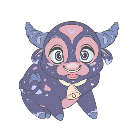 illustration of a cartoon character of a cow (bull, calf) with a bell on a white backgroundの写真素材