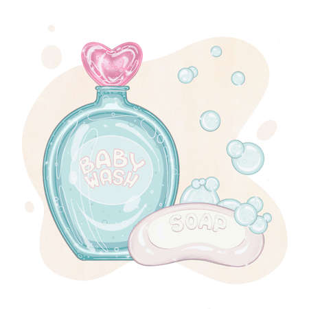 bathing set, soap and a bottle of shampoo, conditioner. isolated illustrationの写真素材