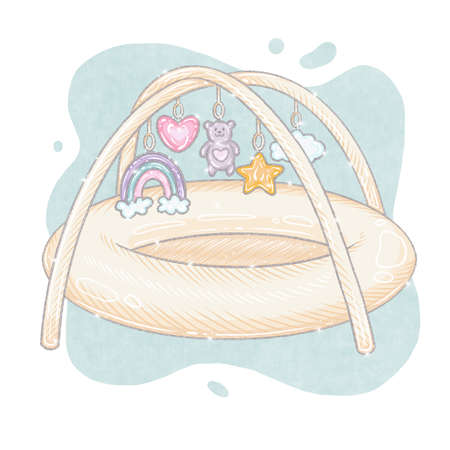 baby cocoon for sleeping, cradle, hanging stage, cradle, crib with toys, rainbow, heart, teddy bear, star, cloud. isolated illustrationの写真素材