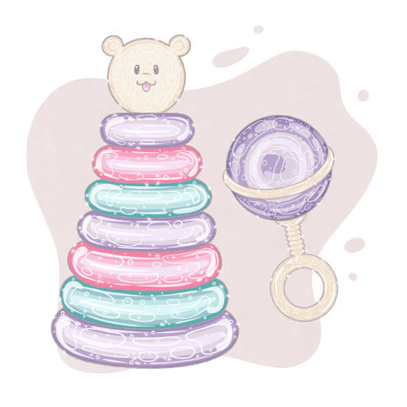 baby toy, purple rattle and multi-colored transparent pyramid with a teddy bear for toddler. child's plaything with glitter. isolated illustrationの写真素材