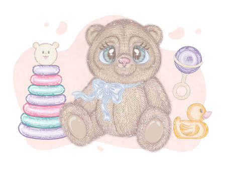 baby toys with glitter. teddy bear with bow, yellow rubber duck, pyramid with a teddy bear, rattle. isolated illustrationの写真素材