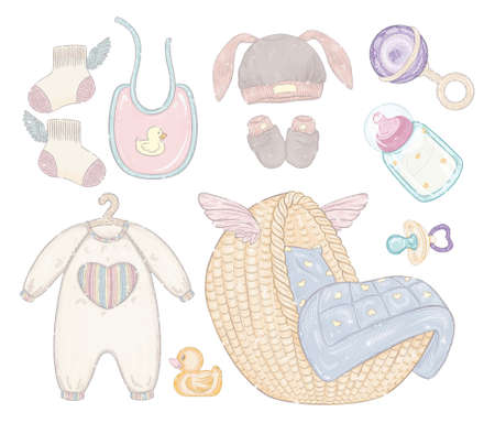 baby super set with glitter. baby things, toys, clothes and baby bed, cot, crib. isolated illustrationの写真素材
