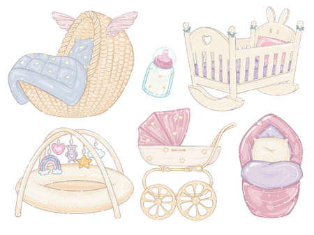 baby beds and sleep, super set. baby carriage, kids bed, sleeping cocoon, envelope, pram, basket, cot. isolated illustration with glitterの写真素材