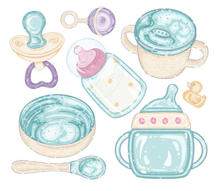 baby tableware set. dishes and cutlery. plate, spoon, cup, glass, milk bottle, pacifier. isolated illustration with glitterの写真素材