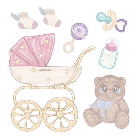 baby things set. Kids' things for newborn. toys, clothes and baby carriage. teddy bear, kids bed, milk bottle, booties, pacifier, socks, dummy. isolated illustration with glitterの写真素材