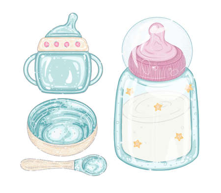 baby tableware set. dishes and cutlery. bottle of milk, bowl, spoon, cup and glass. isolated illustration with glitterの写真素材