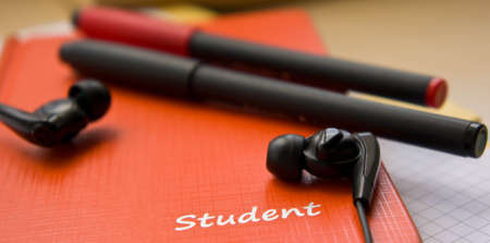 school accessories and earphones