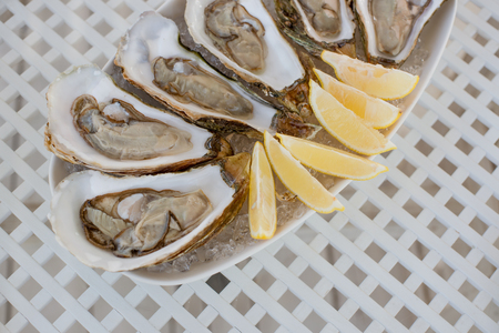 A few fresh, appetizing oysters with a sliced ragrant ripe lemon lay on a large oval dish. Close-up.の写真素材