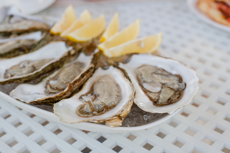 A few fresh, appetizing oysters with a sliced lemon lay on a large oval dish.の写真素材