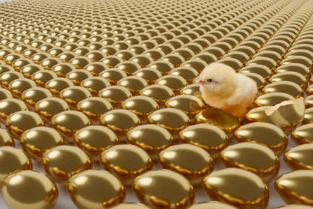 Many shining identical golden eggs lie on the plane, one chick has hatched among them.の写真素材