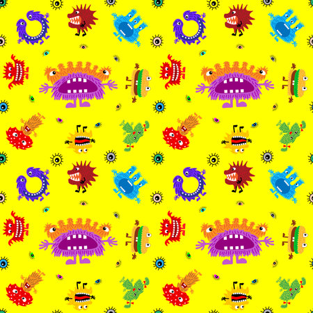 Cute cartoon monsters with different emotions. Seamless pattern for children and teenagers on textiles, prints, paper products, the Internet. Universal. Vectorのイラスト素材